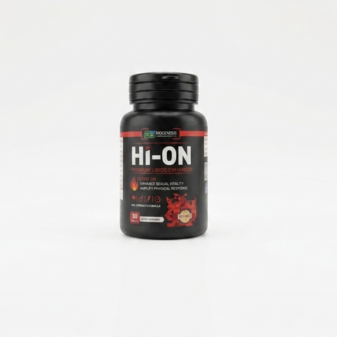 Black supplement bottle labeled 'Hi-On' on a white background