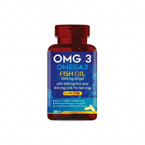 Omega-3 fish oil supplement bottle with blue label on a white background